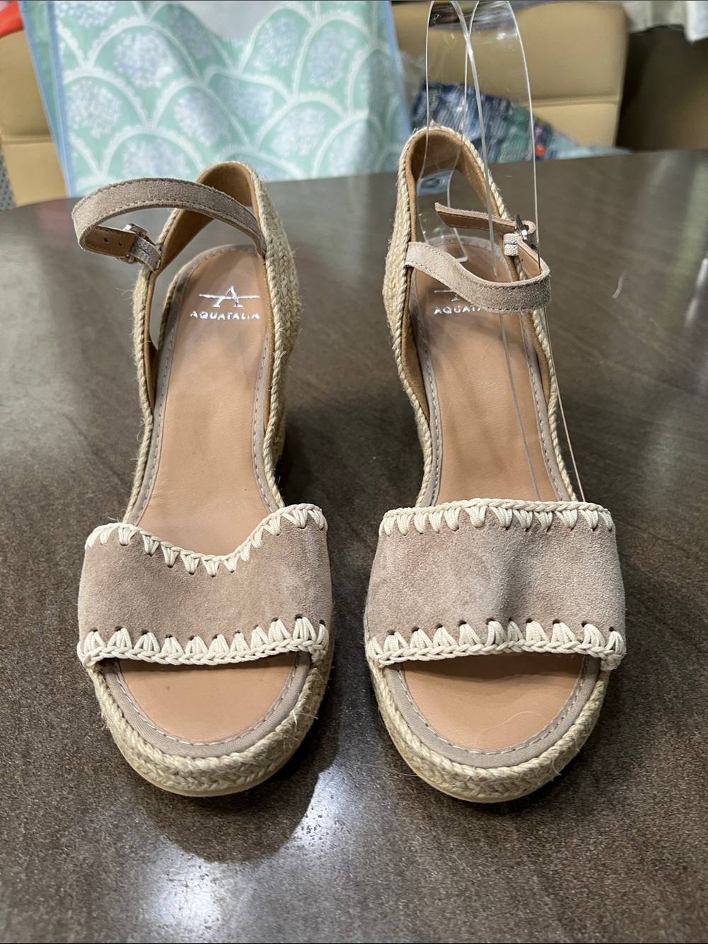 Aquatalia Taupe Suede Espadrille Wedge Sandals with Ankle Strap